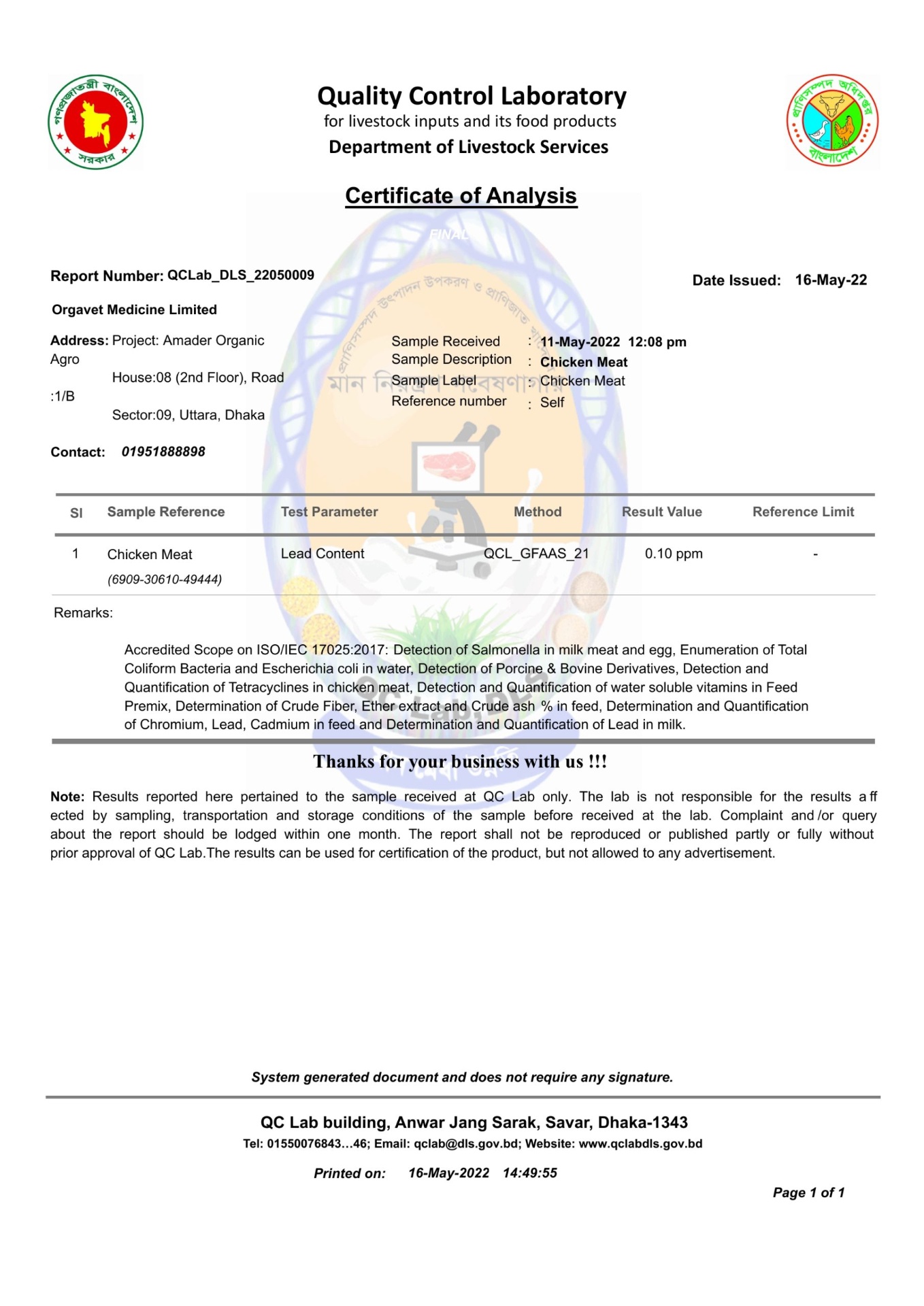 Certificate of Analysis — Lead